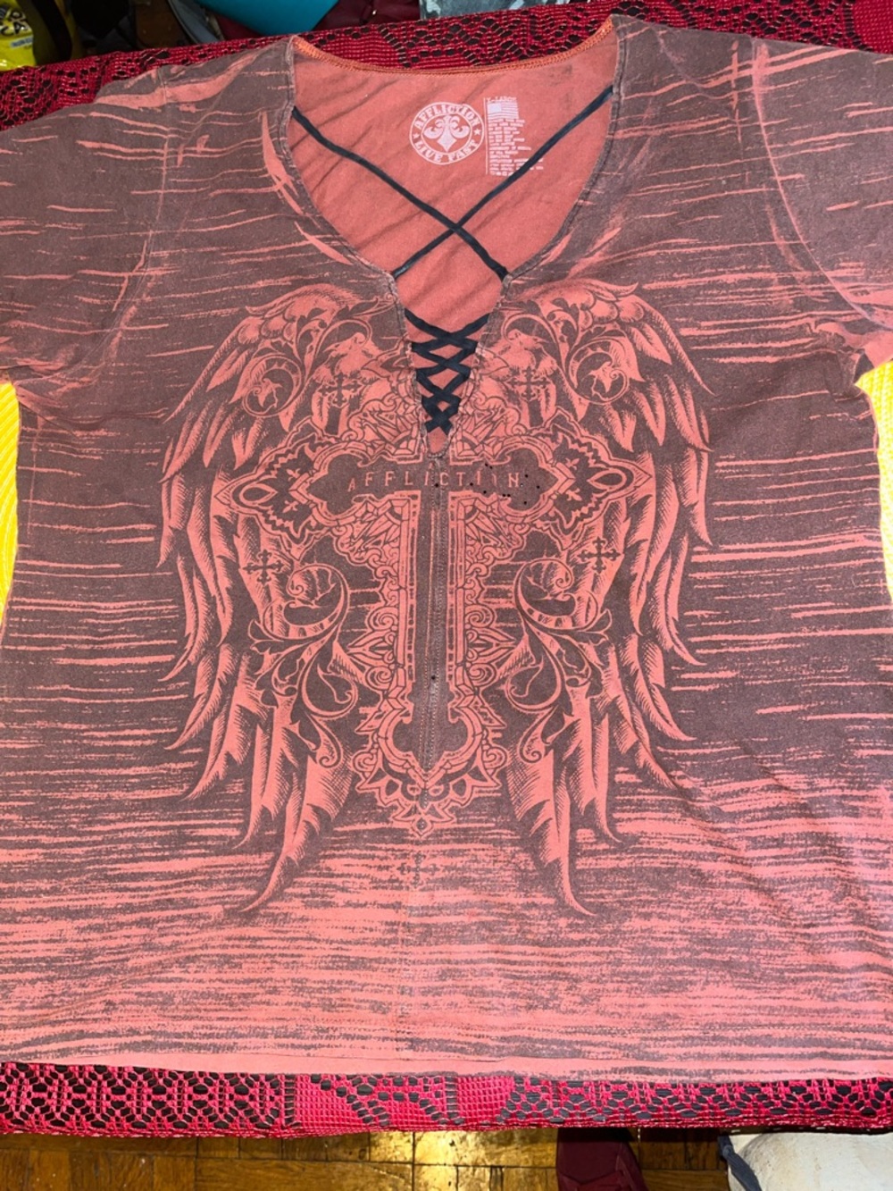Affliction Women's Lace-Up Wing Graphic Tee in Coral and Black, Size XL